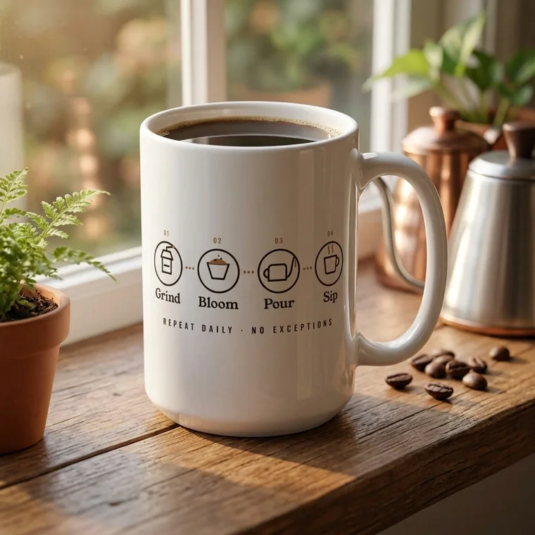 Grind · Bloom · Pour · Sip 15 oz Mug