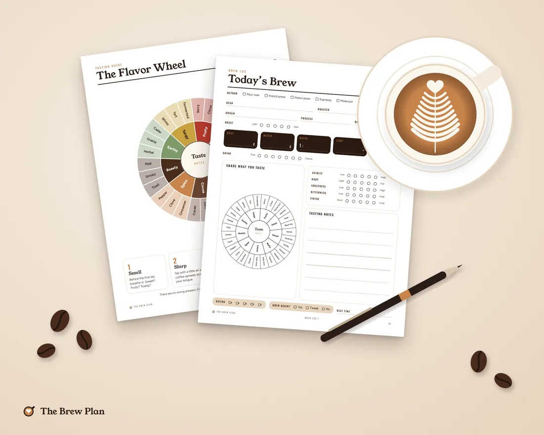 Coffee journal pages next to a latte