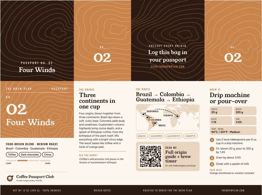 The flat, unfolded box for No. 02 Four Winds, showing the passport number, origin story, route map, tasting notes, brew recipe and QR code